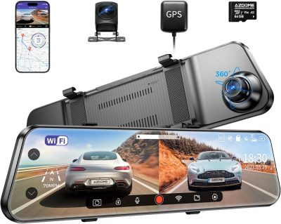 AZDOME PG17 WiFi Rear View Mirror Camera, 12" Mirror Dash Cam